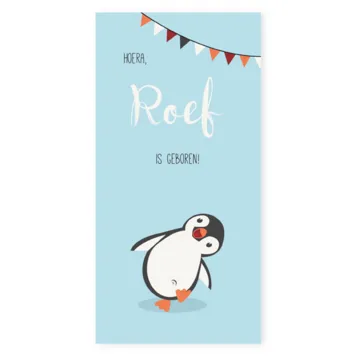 Geboortekaart langwerpig pinguin Roef blij