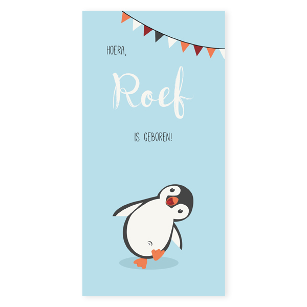 Geboortekaartje langwerpig pinguin Roef blij
