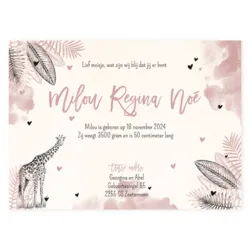 Geboortekaart dieren waterverf roze Milou enkel