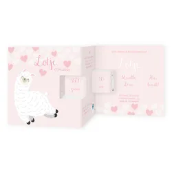 Geboortekaart drieluik lama roze met hartjes