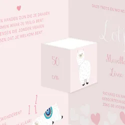 Geboortekaart drieluik lama roze met hartjes