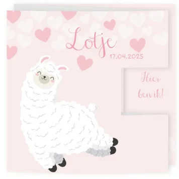 Geboortekaart drieluik lama roze met hartjes