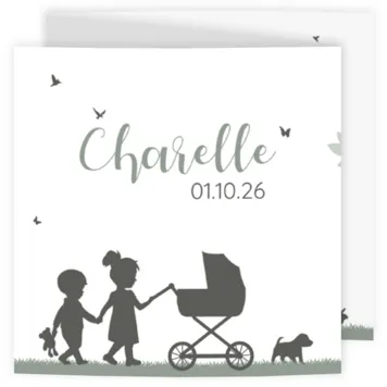Geboortekaart silhouet grote broer en zus kinderwagen