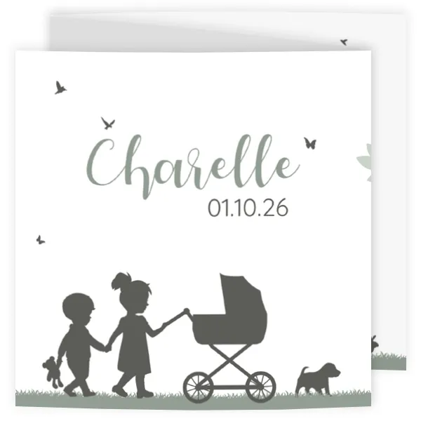 Geboortekaart silhouet grote broer en zus kinderwagen