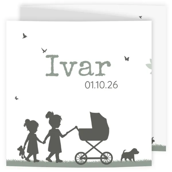 Geboortekaart silhouet grote zussen kinderwagen
