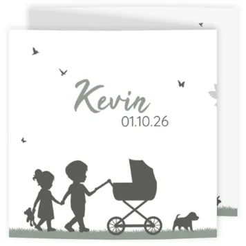 Geboortekaart silhouet grote zus en broer kinderwagen