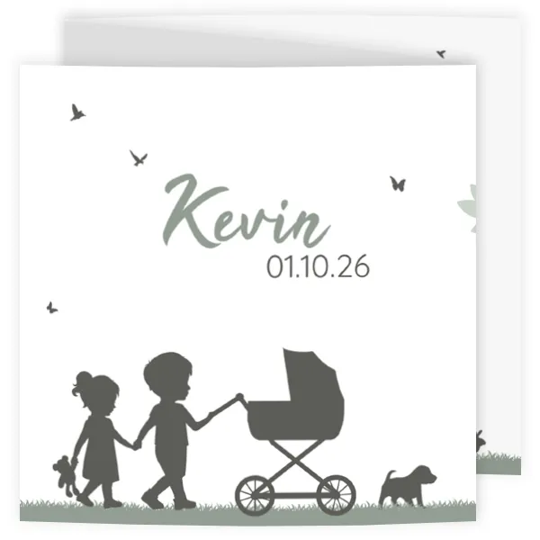 Geboortekaart silhouet grote zus en broer kinderwagen