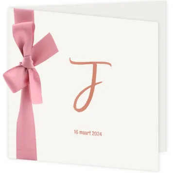 Geboortekaart rosegouden folieletter met strik