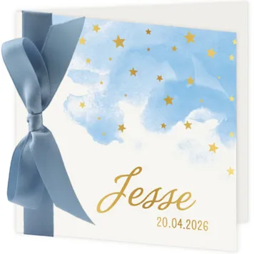 Geboortekaart aquarel sterren met blauw lint