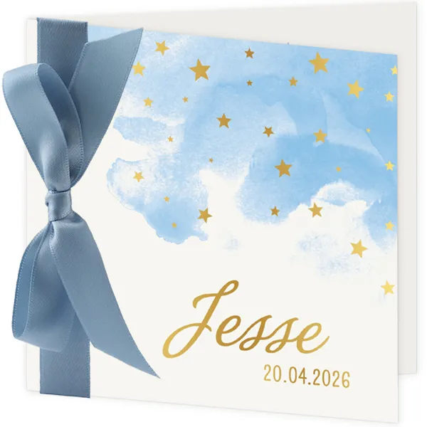 Geboortekaart aquarel sterren met blauw lint