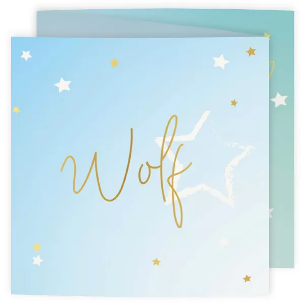 Geboortekaart drieluik pastel blauw met goudfolie