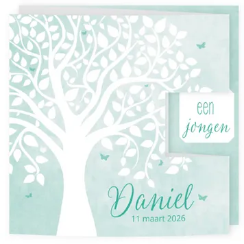Geboortekaartje mint aquarel met silhouet van boom