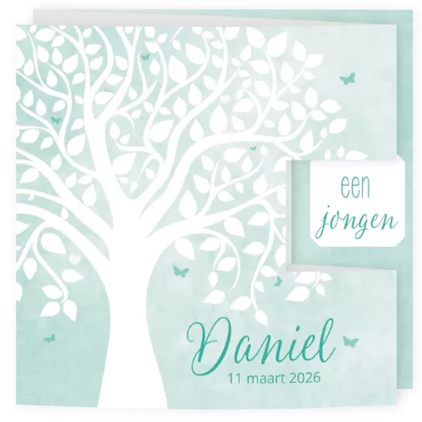 Geboortekaartje mint aquarel met silhouet van boom