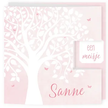 Geboortekaartje roze aquarel met silhouet van boom
