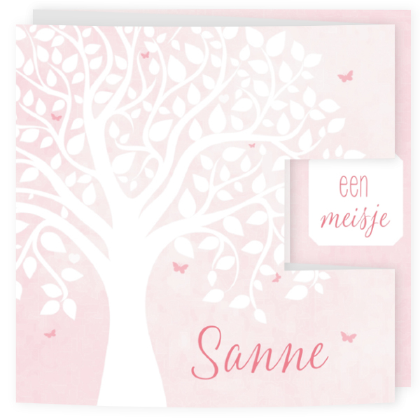 Geboortekaartje roze aquarel met silhouet van boom