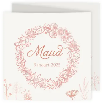 Geboortekaart drieluik bloemen en rose folie