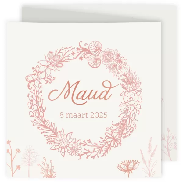 Geboortekaart drieluik bloemen en rose folie