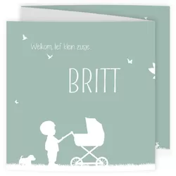 Geboortekaartje mint groen met jongen en kinderwagen