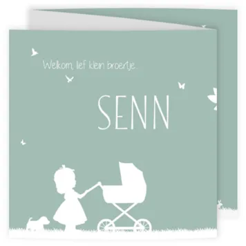 Geboortekaart mint groen met meisje en kinderwagen