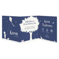 Blauw geboortekaart met jongen in silhouet vorm