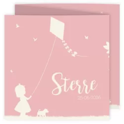 Roze geboortekaart met meisje in silhouet vorm