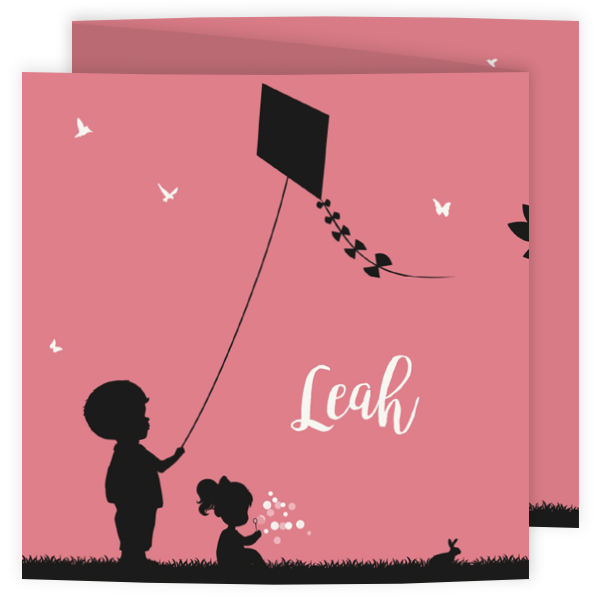 Roze met zwart geboortekaart jongen en meisje silhouet