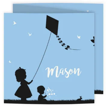 Blauw met zwart geboortekaart meisje en jongen silhouette