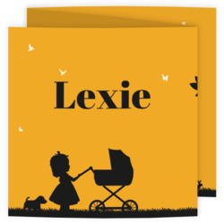 Geel met zwart geboortekaart meisje en kinderwagen silhouet