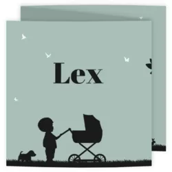 Geboortekaartje groen met zwart, jongen en kinderwagen silhouet