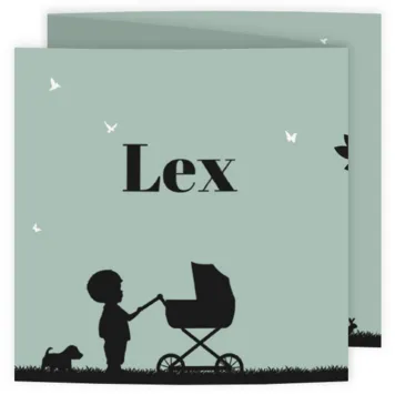 Geboortekaart groen met zwart, jongen en kinderwagen silhouet