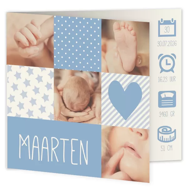 Geboortekaart jongen met eigen foto's en iconen