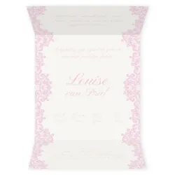 Geboortekaart chique zilver kant met licht roze strik