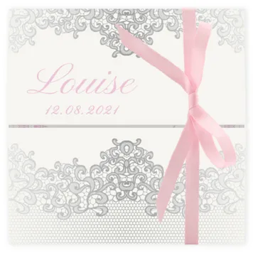 Geboortekaart chique zilver kant met licht roze strik