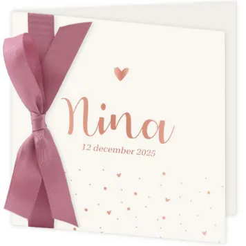 Geboortekaart hartjes met oud roze lint
