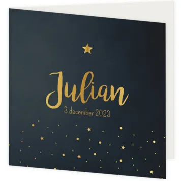 Geboortekaart blauw met sterren en foliedruk goud