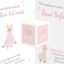 Geboortekaart drieluik alpaca meisje met hartjes