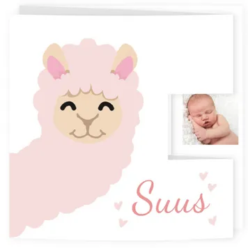 Geboortekaart drieluik alpaca meisje met hartjes