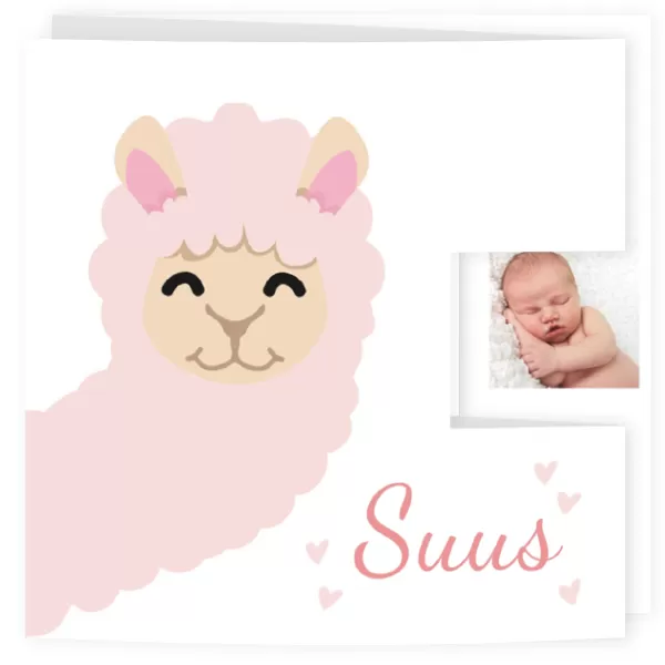Geboortekaart drieluik alpaca meisje met hartjes