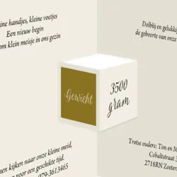 Geboortekaartje drieluik met gouden hartjes op parelmoerpapier