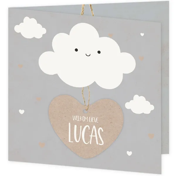 Geboortekaart hartje aan een wolk Lucas