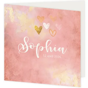Geboortekaart hartjes goud op oudroze