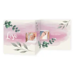 Geboortekaart drieluik- waterverf met blaadjes Lisa