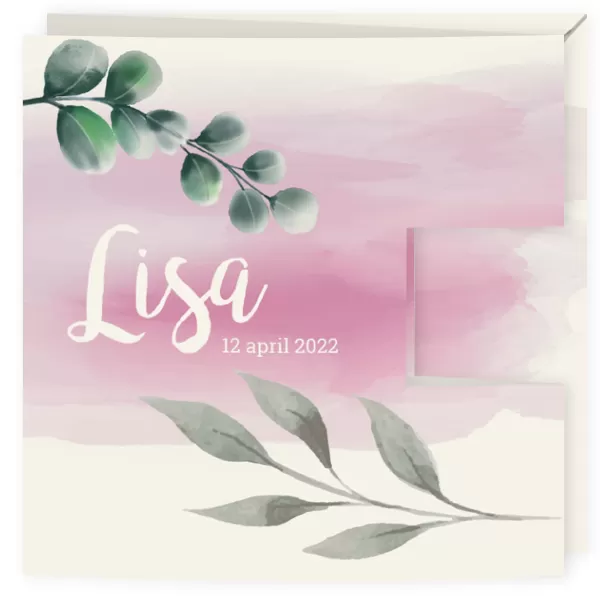 Geboortekaart drieluik- waterverf met blaadjes Lisa