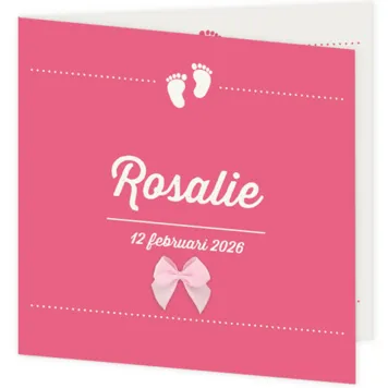 Geboortekaart meisje roze met voetjes en strik