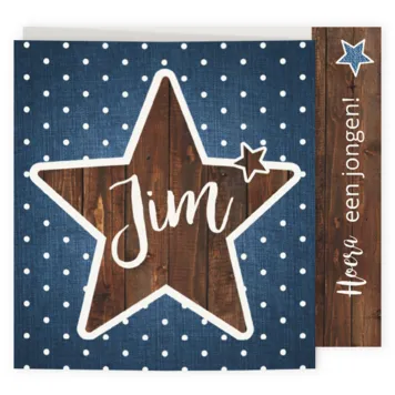 Drieluik geboortekaartje met houten ster