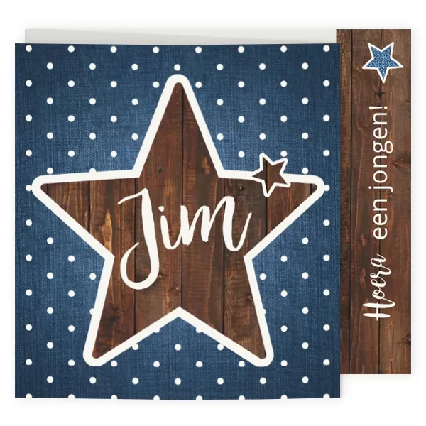 Drieluik geboortekaartje met houten ster