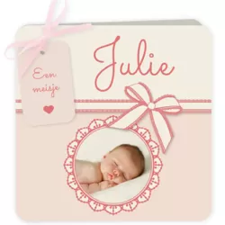 Roze geboortekaart met strik en foto