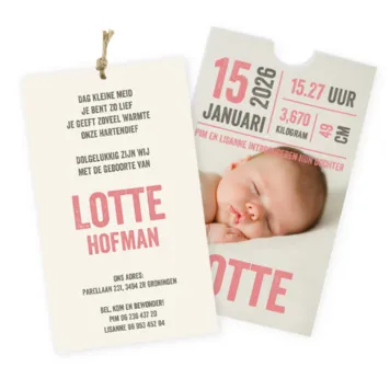 Geboortekaart hoesje met foto roze