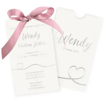 Geboortekaart hoesje zilver oud roze strik