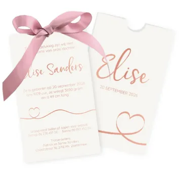 Geboortekaart hoesje rose goud oud roze strik